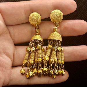 Vtg Signed Crown Trifari MCM Chandelier Gold Tone Drop Dangle‎ Clip On Earrings